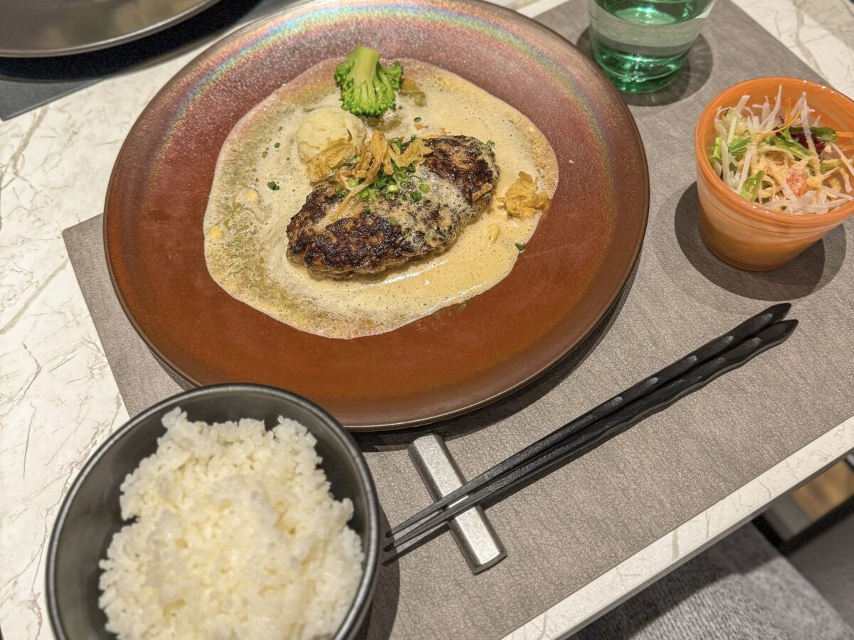 Hamburg steak, white rice, and salad