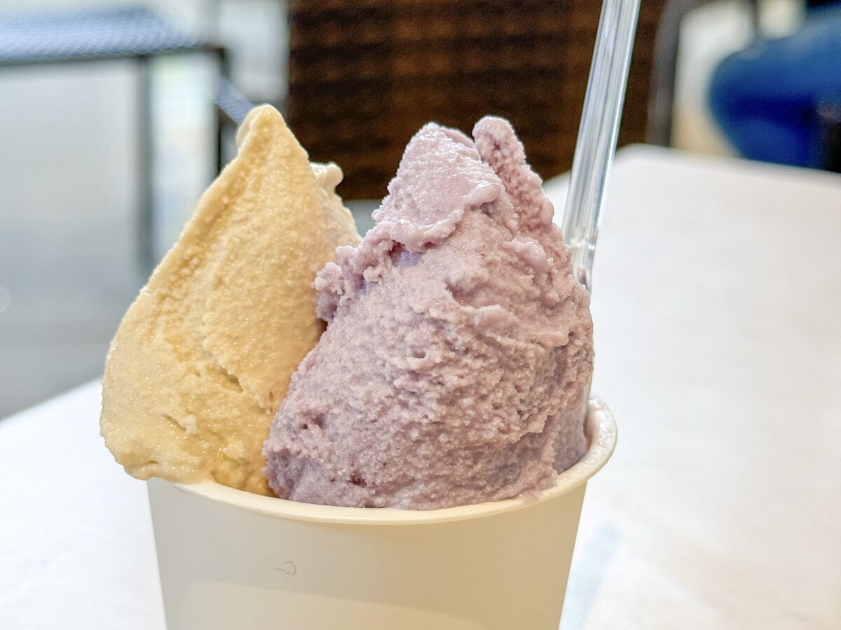 Salted brown sugar and purple yam gelato in a cup